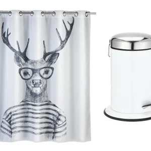 Zestaw łazienkowy w stylu RETRO - Zasłona prysznicowa Mr Deer + Kosz na śmieci RETORO WHITE 3 l, WENKO Najlepsza cena