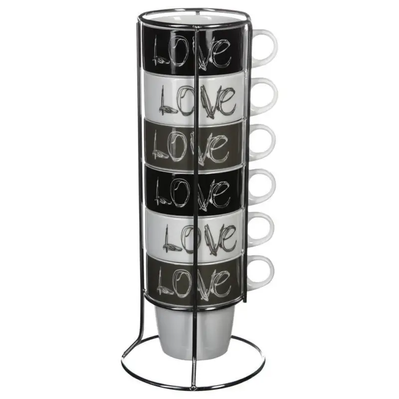 Zestaw 6 filiżanek porcelanowych na stojaku, kubki do kawy, komplet filiżanek, porcelanowe kubki na stojaku Zniżka