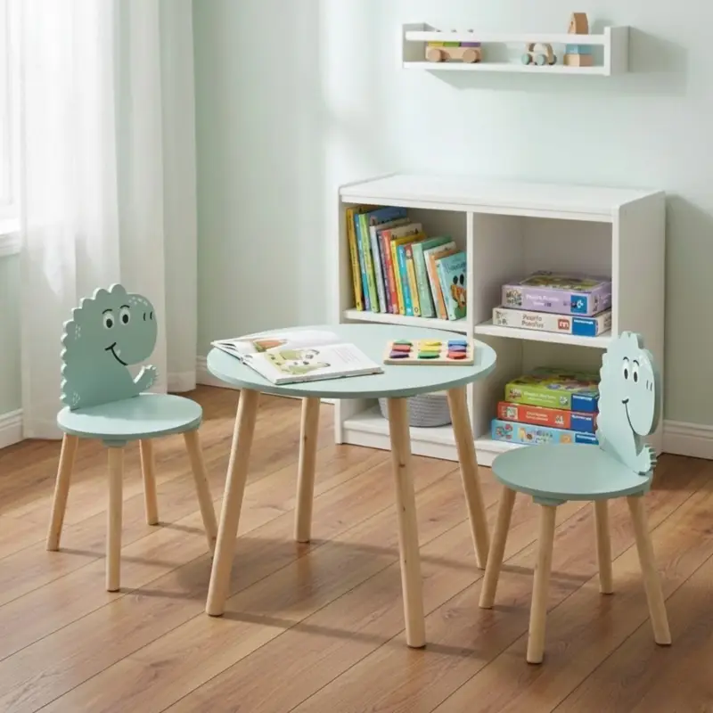 Drewniany stolik z 2 krzesełkami dla dzieci, motyw dinozaura, wys. 50 cm Oferta limitowana