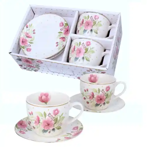 Niska cena LIVELLO KOMPLET 2 FILIŻANEK 250ML ZE SPODKIEM 14CM KWIAT WIŚNI ZŁOTY PASEK