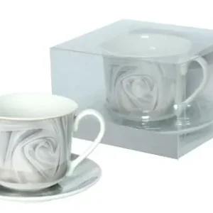 Filiżanka porcelanowa 400 ml Jumbo ze spodkiem 15,5 cm szara róża złoto Bestseller