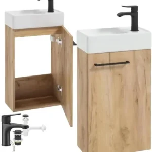 Hit sprzedaży Szafka łazienkowa wisząca z umywalką 60x40 dąb craft i czarną baterią Small
