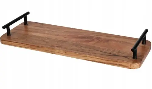 Ekspresowa dostawa Prostokątna taca dekoracyjna z drewna akacji 40x15cm z metalowymi uchwytami