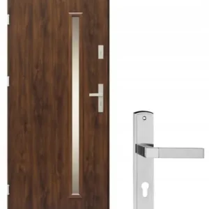 Taniej Drzwi zewnętrzne metalowe prawe 90cm Szklenie mleczne, powłoka PVC + klamka