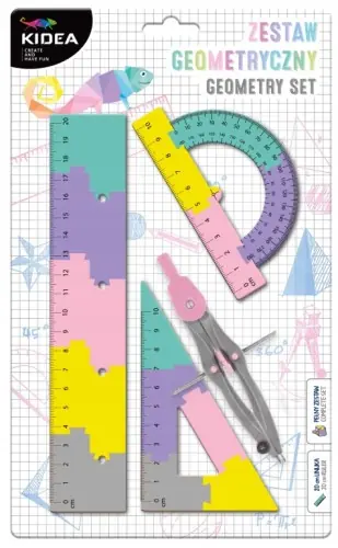 Bezpieczna płatność Kidea Zestaw geometryczny 4 elementowy linijka 20 cm, ekierka, kątomierz, cyrkiel