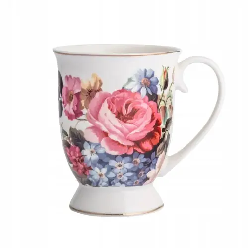 Najlepsza cena Kubek porcelanowy biały w róże na stopce elegancki 320ml 1szt Róża