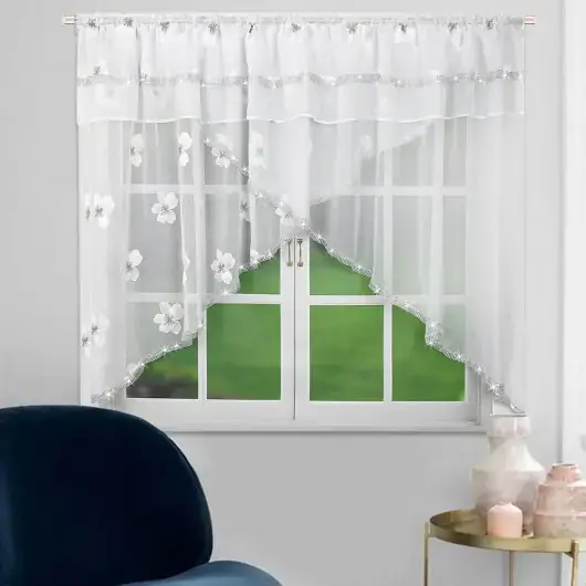 Firana z lewostronnym haftem w biało szare kwiaty 300x150cm JESS Promocja