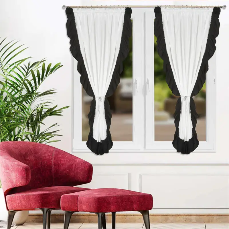 Komplet 2szt. biało czarnych zasłon z falbanką na taśmie 145x160cm CANBERA Hit cenowy