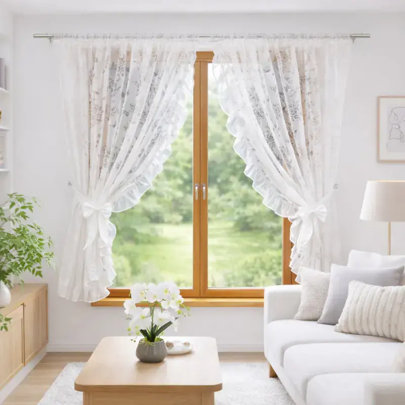 Firana zdobiona motywem kwiatowym i falbanką na taśmie 400x155cm AVELINA Oferta