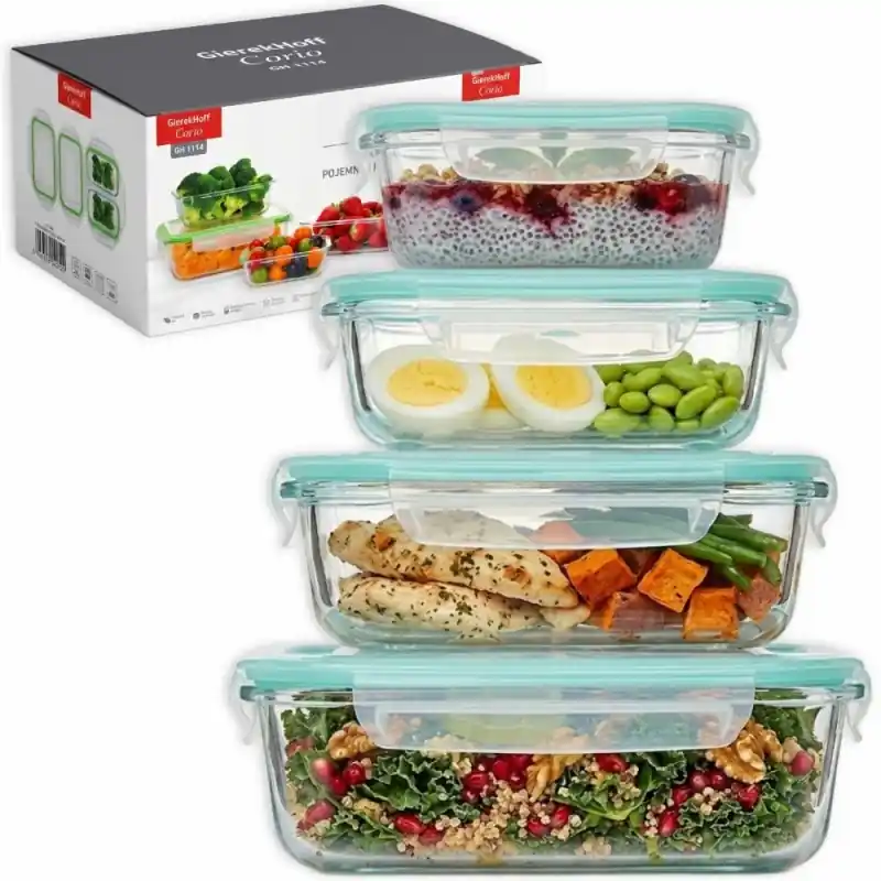 Pojemniki szklane prostokątne lunchbox GierekHoff Corio GH 1114 zestaw 4 sztuki żaroodporne hermetyczne 1050/640/370/200 ml Nowy
