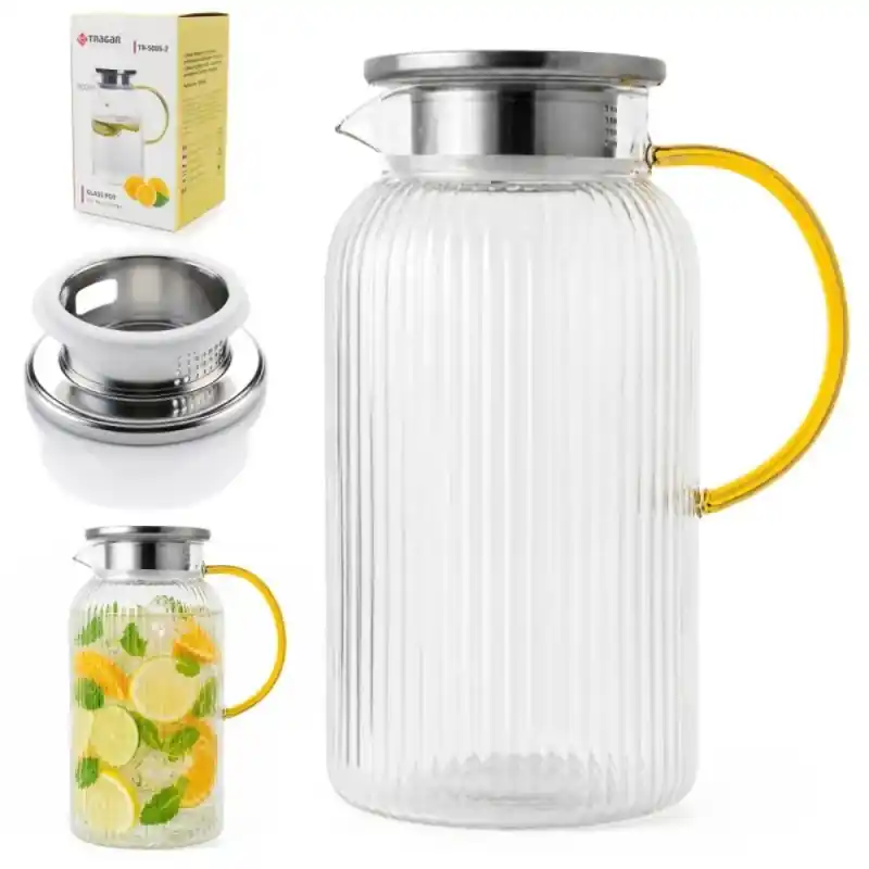 Zamów dziś Dzbanek szklany 1800 ml z pokrywką i sitkiem ryflowany uniwersalny do lemoniady soku i kompotu Tragar