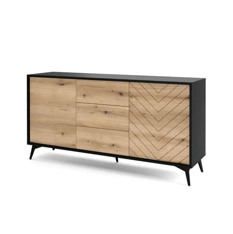Komoda z szufladami Boulia 154 cm czarna/dąb Evoke jodełka Zniżka