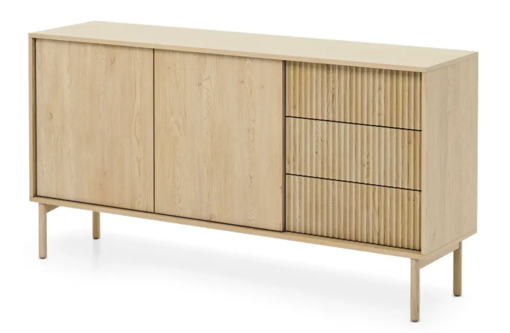 Oferta Komoda dwudrzwiowa Tavo z ryflowanym frontem i trzema szufladami 153 cm dąb cremona