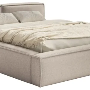Niska cena Łóżko tapicerowane 200x200 cm Tilves Slim Low z pojemnikiem stelaż metalowy beżowe szenil