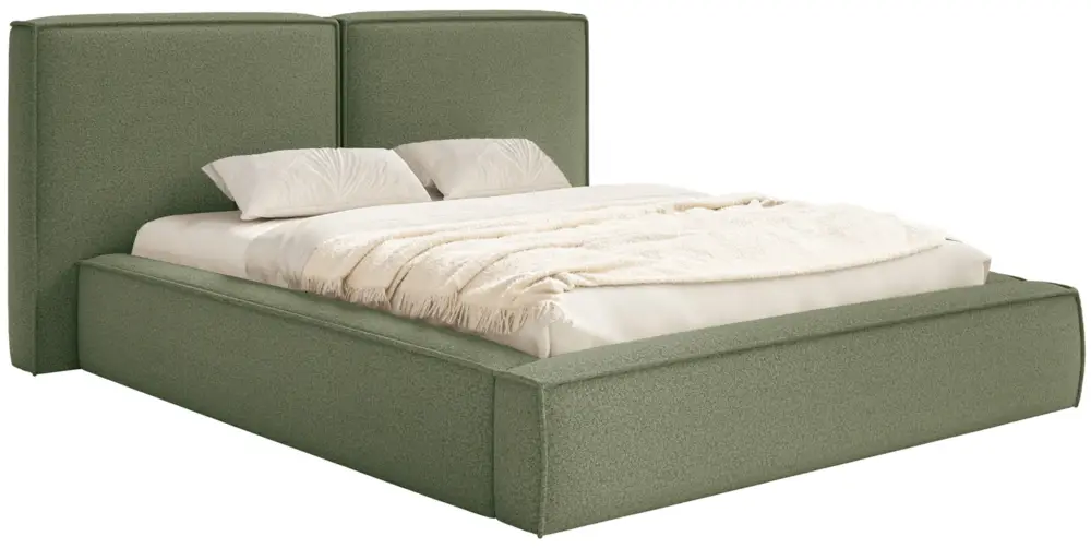 Łóżko tapicerowane 200x200 cm Tilves z pojemnikiem stelaż metalowy oliwkowe boucle Oferta