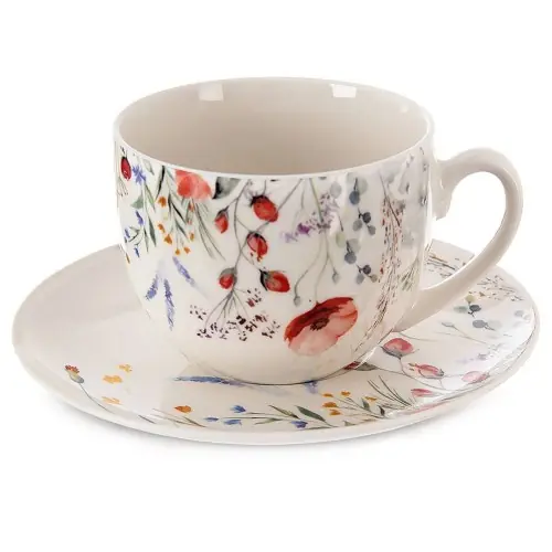 Niska cena Filiżanka ze spodkiem do kawy herbaty porcelanowa biała maki 260ml